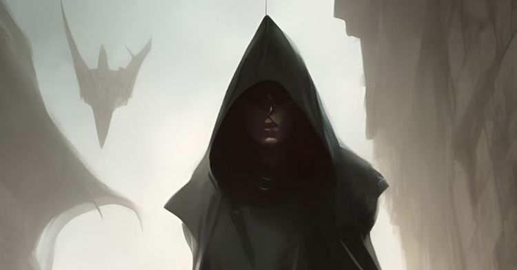 hooded woman villain holding knife in the dark