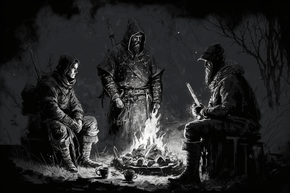 three soldiers around a campfire